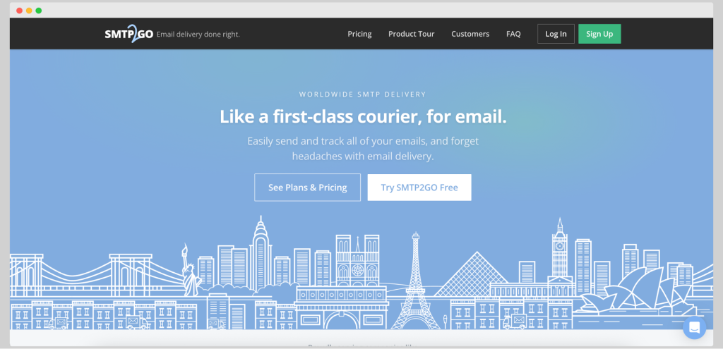 SMTP2GO email delivery service interface offering global SMTP relay, API, and deliverability tracking.