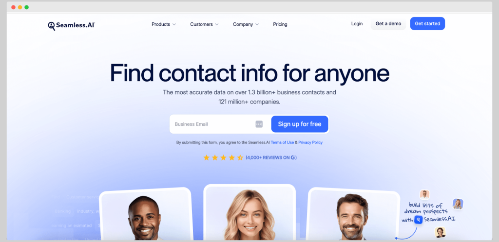 Seamless.AI homepage showing contact info finder with 1.3 billion business contacts, a Scalelist alternative.