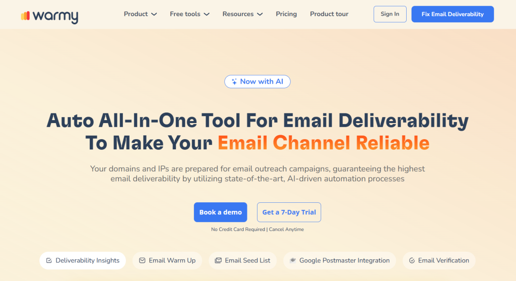 Warmy.io homepage displaying domain setup progress, high deliverability monitoring, email protocols configuration, and security indicators for warming microsoft mailboxes.
