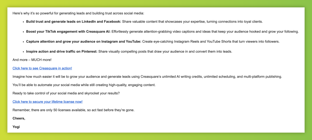 Creasquare SaaS cold email highlighting social media automation benefits