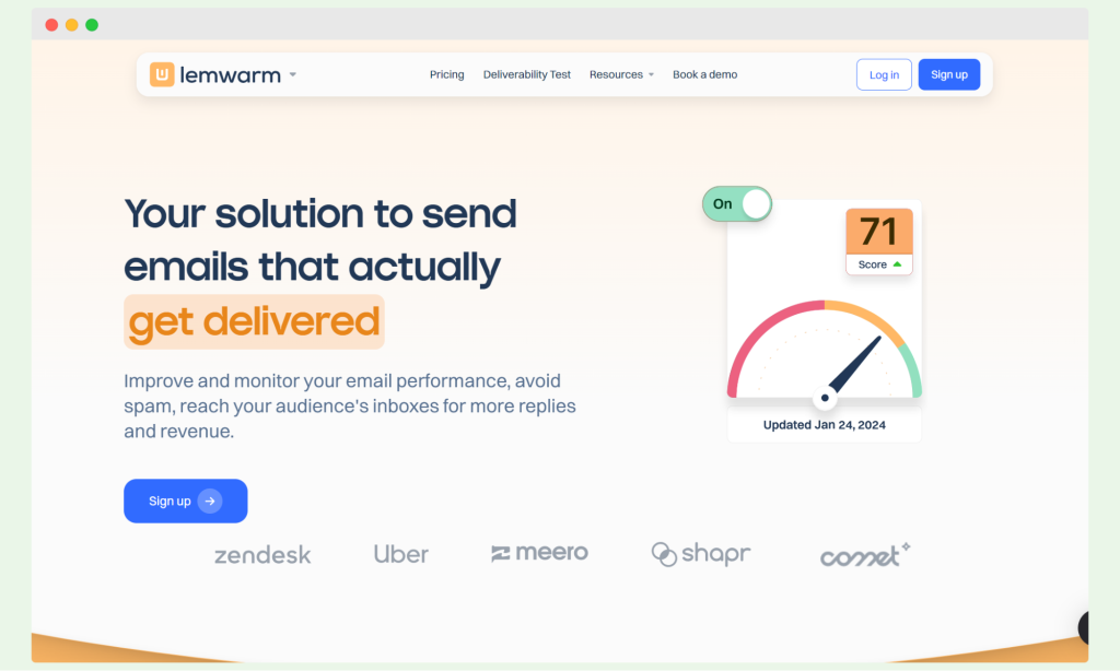Lemwarm deliverability tool homepage showing inbox placement monitoring and score.