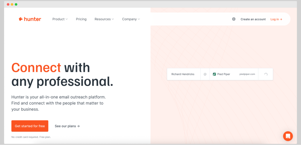 Hunter.io homepage showcasing lead finder software for verified email addresses.