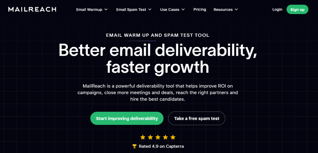 Mailreach homepage interface showing inbox placement testing, history tracking, domain registration status, and watch controls for monitoring sender reputation.