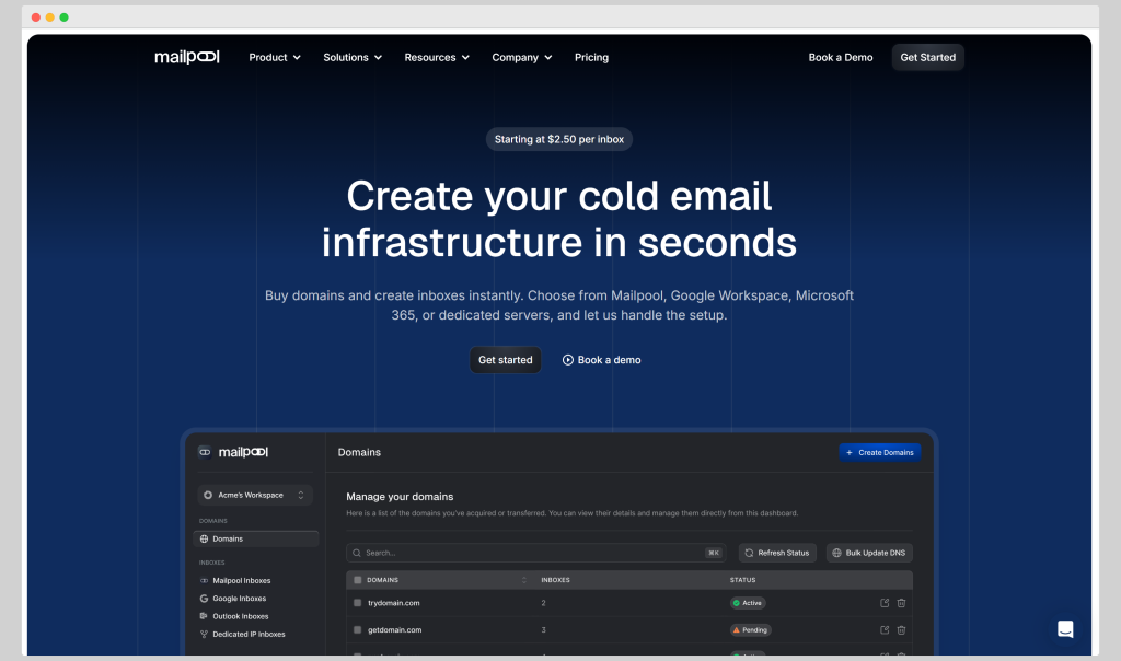 Mailpool homepage showing cold email infrastructure setup with domain management, inbox creation, and pricing for Mailpool cold outreach platform.