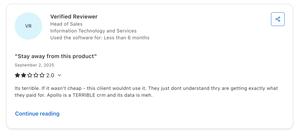 Apollo.io reviews on the bad data accuracy.