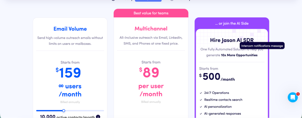 Reply pricing page displaying Email Volume, Multichannel, and Jason AI SDR plans with monthly pricing.