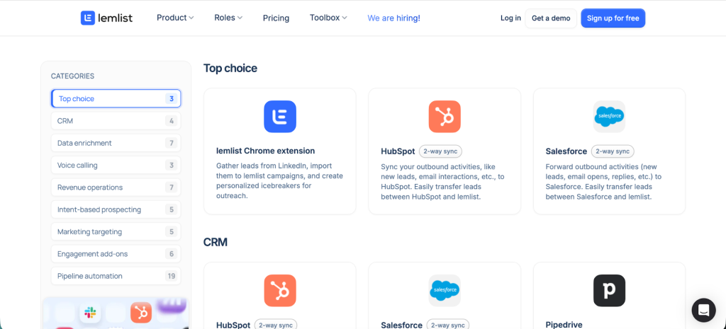 CRM Lemlist integrations overview including HubSpot, Salesforce, Pipedrive, and Breakcold.