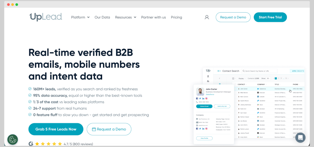 UpLead homepage showing its real-time verified B2B emails, mobile numbers, and intent data platform.