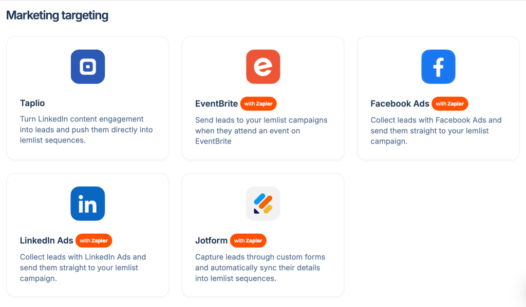 Marketing targeting Lemlist integrations including Taplio, EventBrite, Facebook Ads, and LinkedIn Ads.