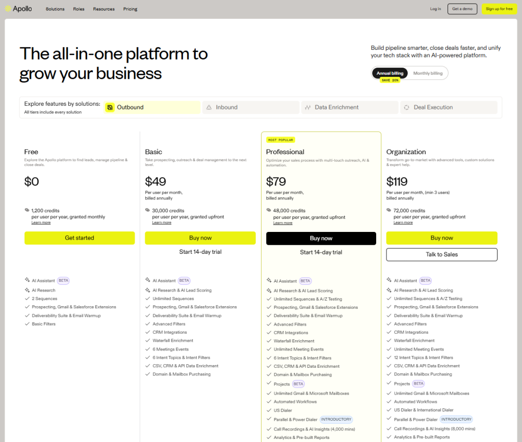 Essential info and essential data on apollo's pricing from their pricing page (free, basic, professional, organization/business plans).