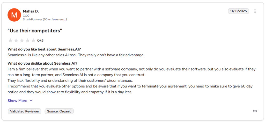 Seamless ai 0/5 user review on g2.