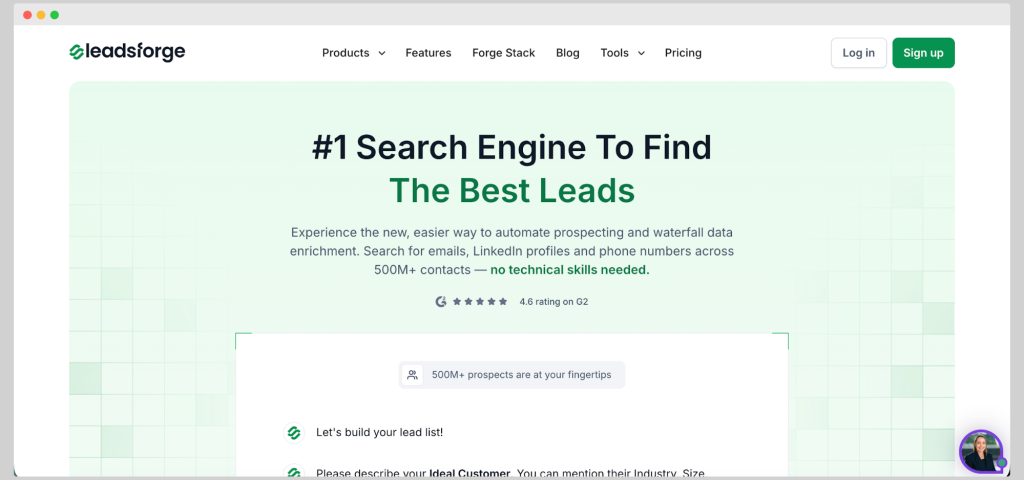 Leadsforge homepage promoting its lead search engine for emails, LinkedIn profiles, and phone numbers.