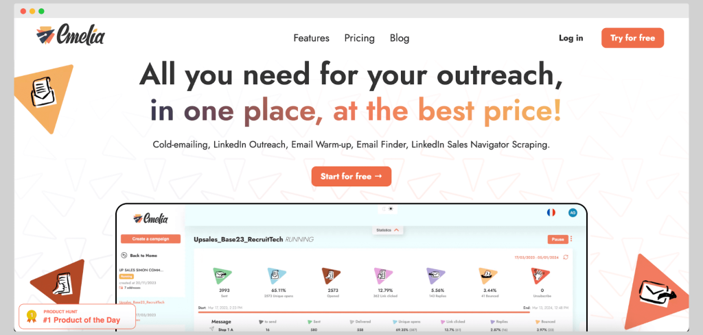 Emelia homepage highlighting its cold emailing, LinkedIn outreach, warm-up features, and campaign dashboard.