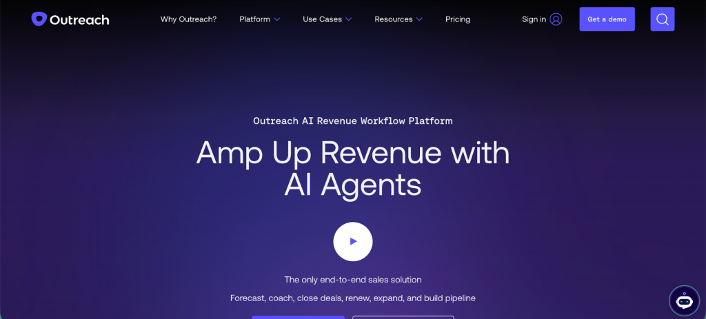 Outreach homepage highlighting its AI revenue workflow platform and messaging around increasing revenue with AI agents.