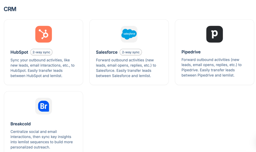 CRM Lemlist integrations overview including HubSpot, Salesforce, Pipedrive, and Breakcold.