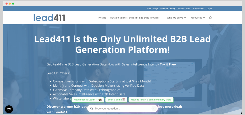 Lead411 homepage promoting its unlimited B2B lead generation and sales intelligence platform.