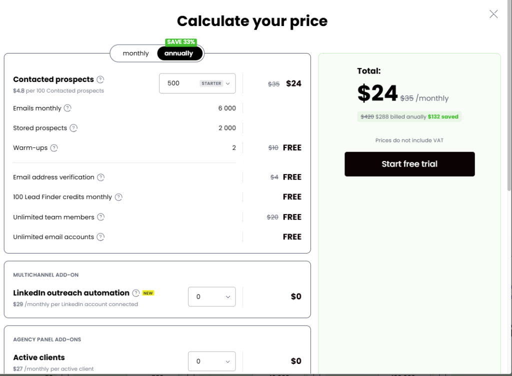 Woodpecker's pricing calculator