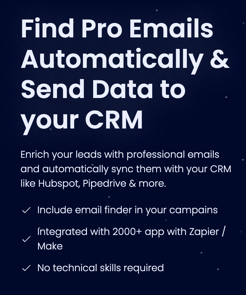Dark blue banner promoting automatic professional email finding and CRM sync with features like 2000+ integrations via Zapier/Make and no technical skills required.