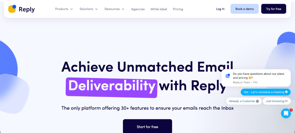 Reply homepage promoting AI-powered sales engagement, multichannel sequences, and automated lead generation.
