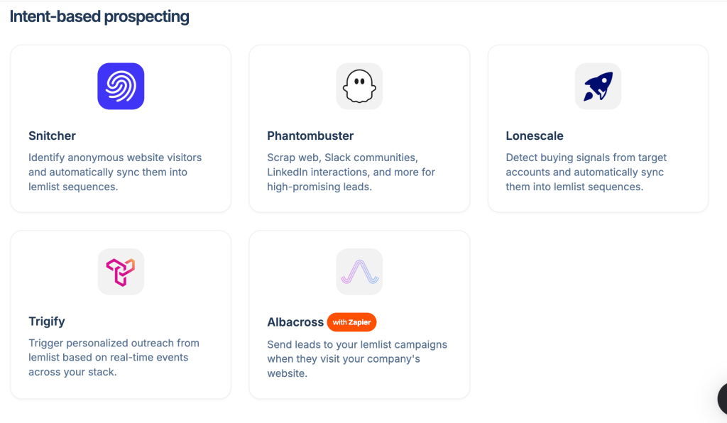 Intent-based prospecting Lemlist integrations with tools like Snitcher, Phantombuster, and Lonescale.