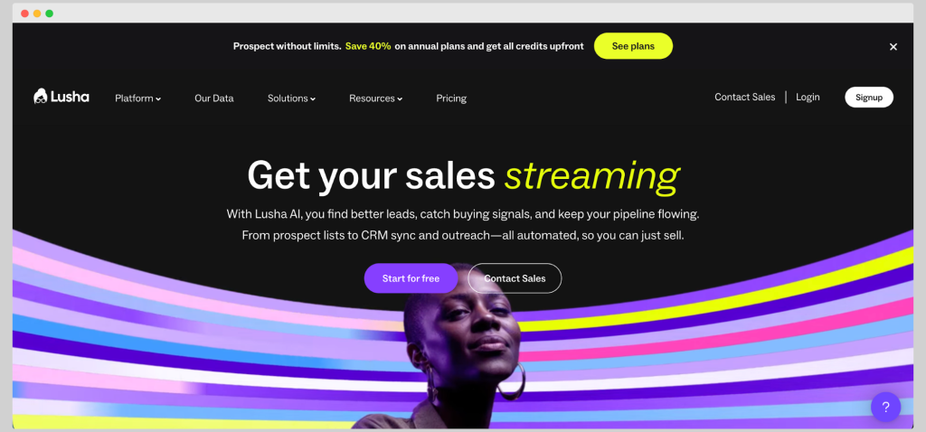 Lusha homepage highlighting AI-driven lead data and sales pipeline tools.