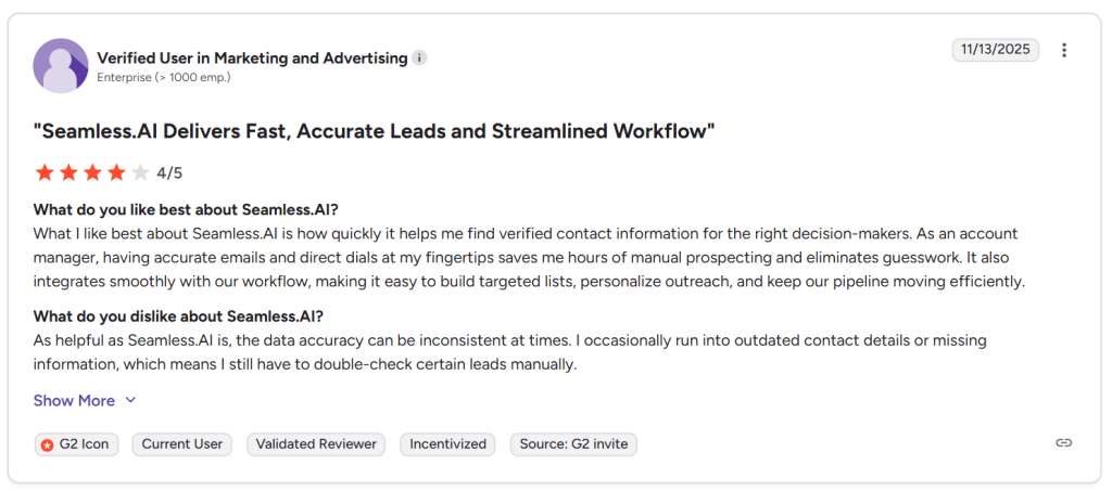 Seamless ai 4/5 user review on g2.