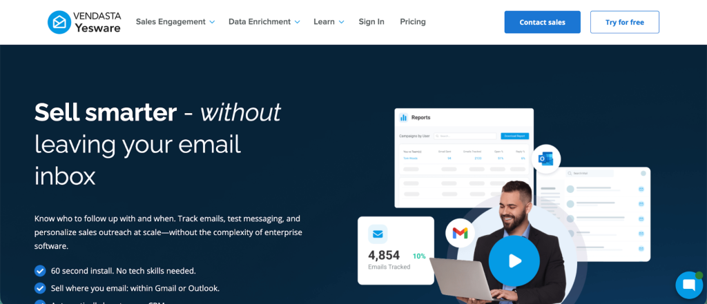 Yesware homepage promoting email-based sales engagement directly inside Gmail and Outlook with tracking and reporting features.