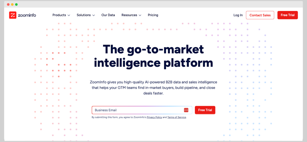 ZoomInfo homepage describing its go-to-market intelligence and B2B data platform.