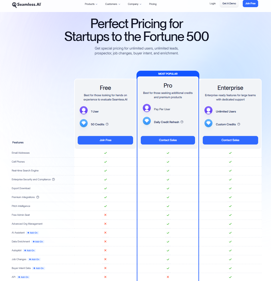 Seamless ai pricing page - direct access from their website.