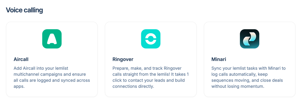 Voice calling Lemlist integrations including Aircall, Ringover, and Minari.