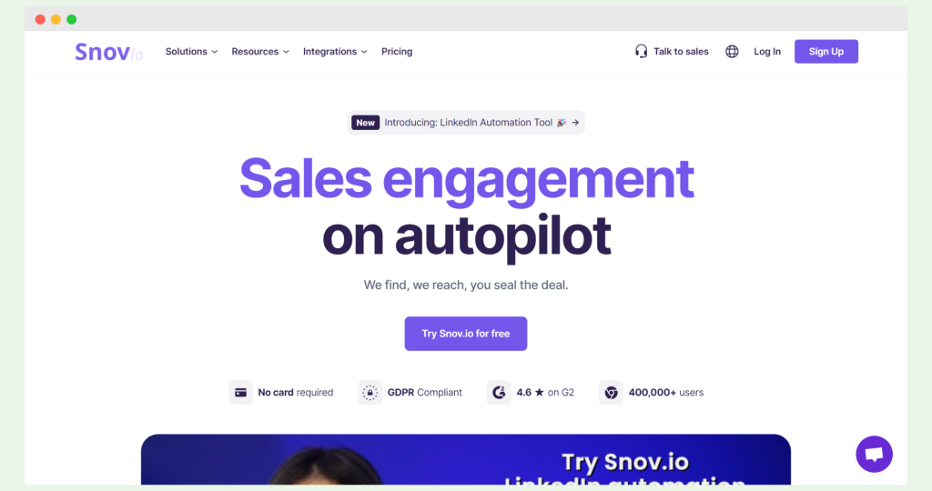 Snov.io homepage presenting its sales engagement and LinkedIn automation tools.