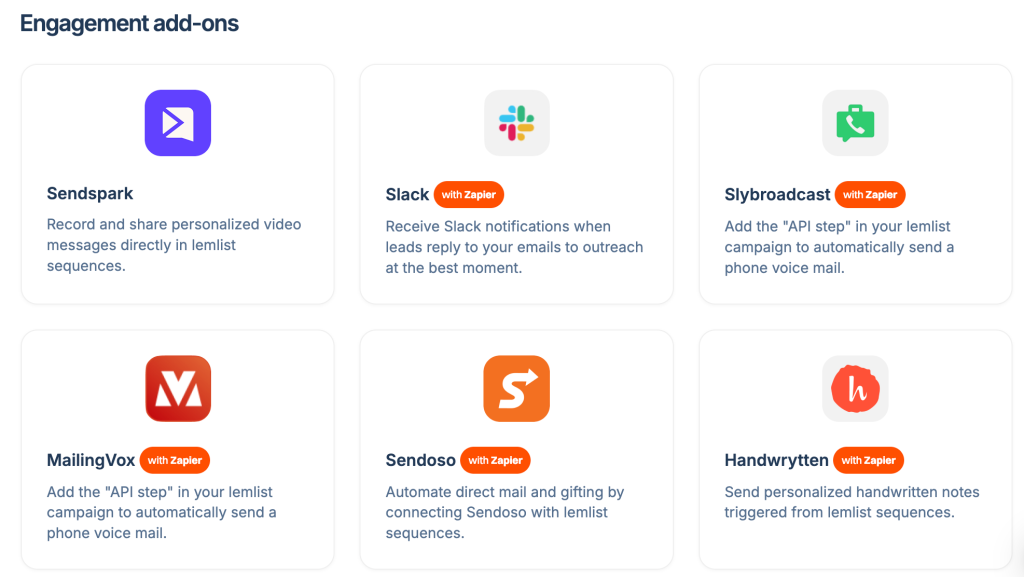 Engagement add-ons Lemlist integrations featuring Sendspark, Slack, and Sendoso.