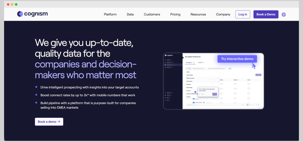 Cognism homepage showcasing its B2B data platform for targeted prospecting and decision-maker insights.