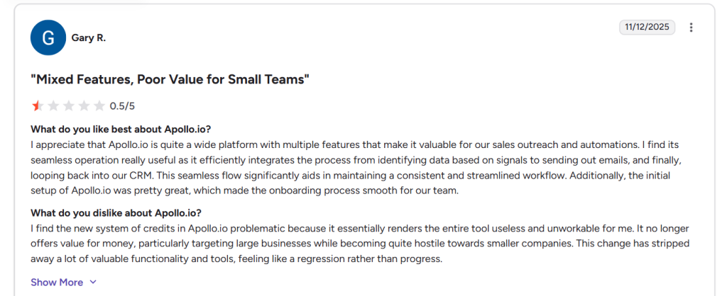 Apollo.io review on g2 from a real user who does real time lead generation and who is dissatisfied.
