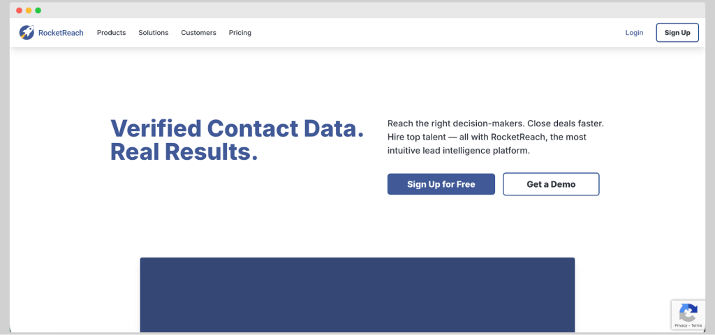 RocketReach homepage promoting verified contact data and lead intelligence for reaching decision-makers.