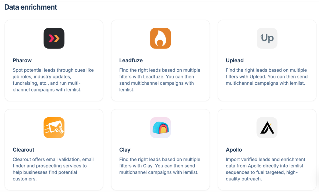 Data enrichment Lemlist integrations highlighting UpLead, Clay, and Apollo.