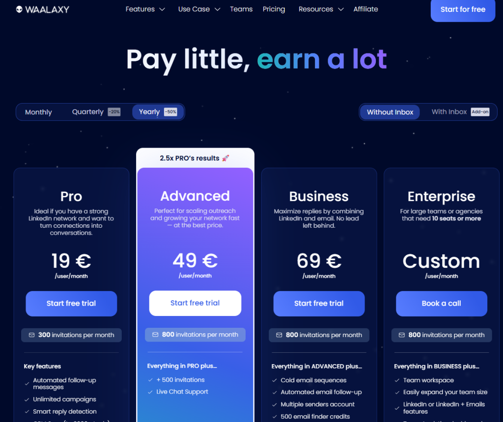 Waalaxy pricing page 