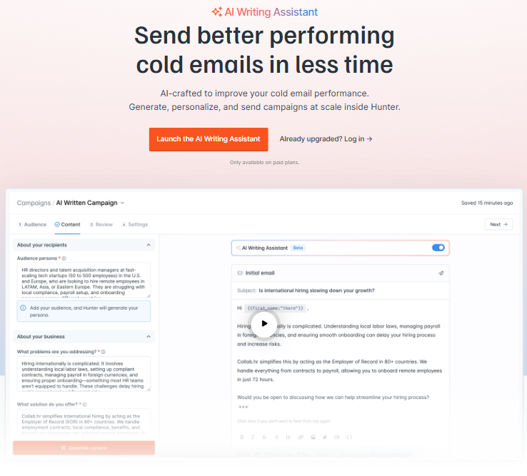 Hunter.io’s ai writing assistant
