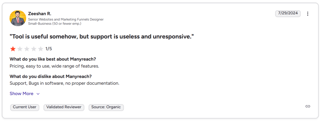 manyreach reviews g2 - 3 mention of wide range of features (e.g. offers detailed campaign analytics)