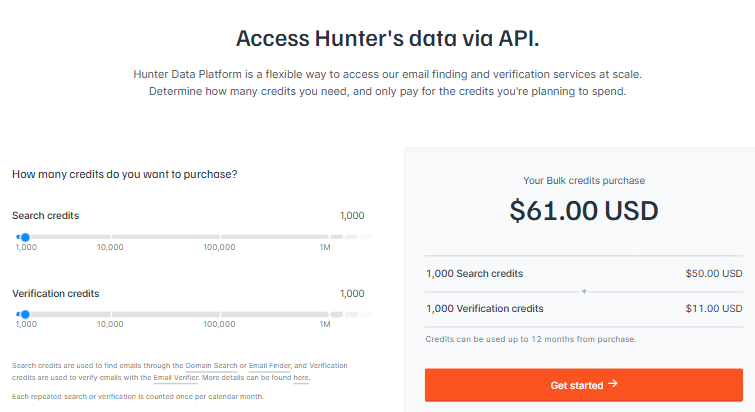 Hunter io data via api bulk credits pricing
