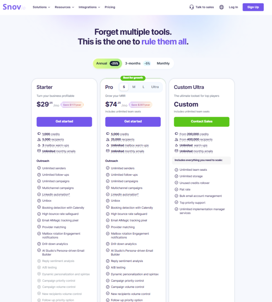 Snovio pricing page