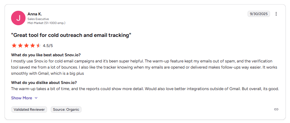 Snov.io and what this tool offers - user review on g2