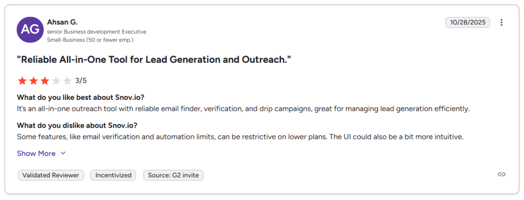 Snov io user review on g2