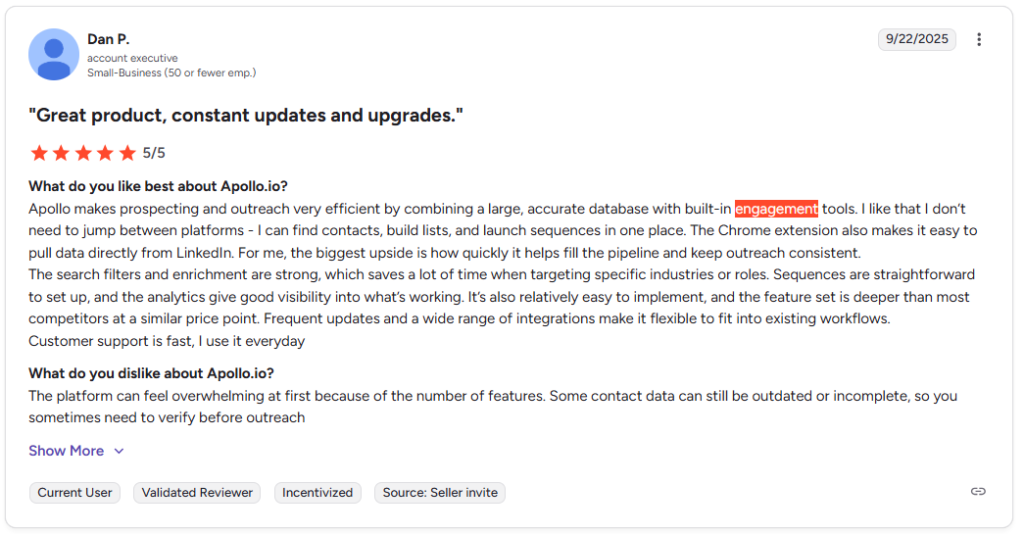 Apollo user review g2 - 2.