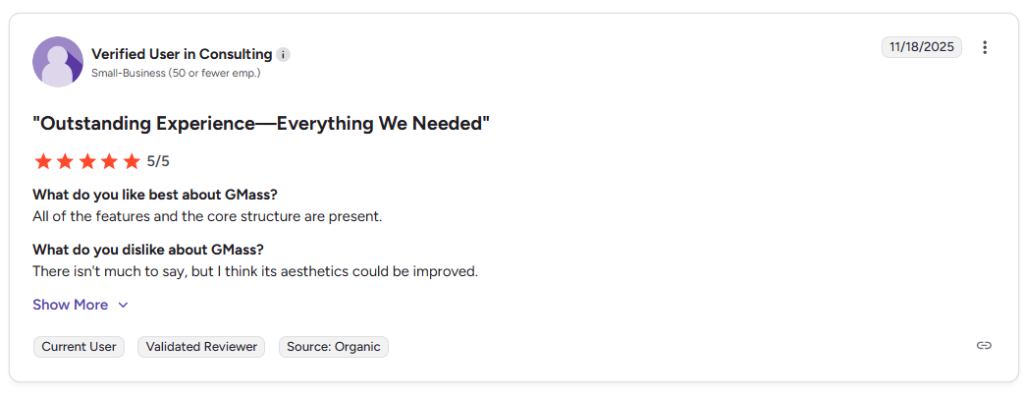 gmass user review from verified user in consulting G2