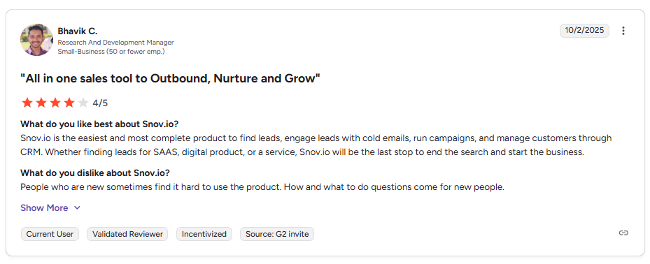 Snov.io user review commenting on intuitive interface and other aspects