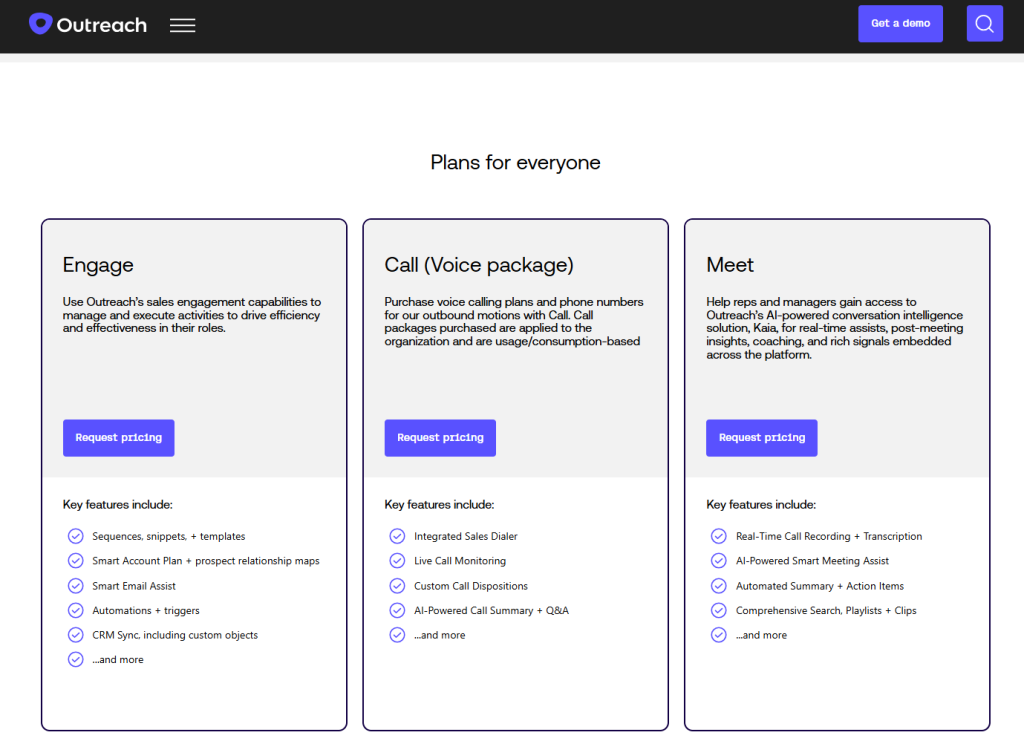 Outreach's pricing page.