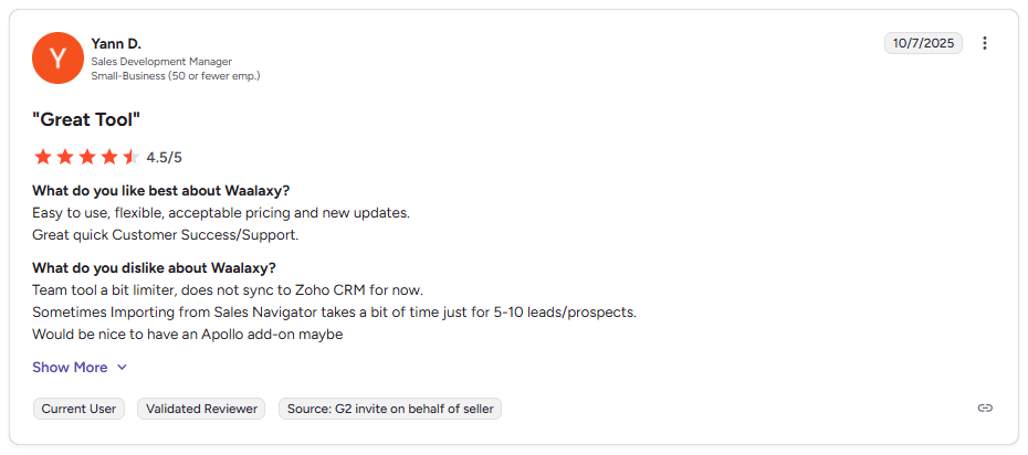 Waalaxy review on g2 software review platform