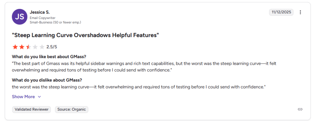 gmass user review from Jessica G2