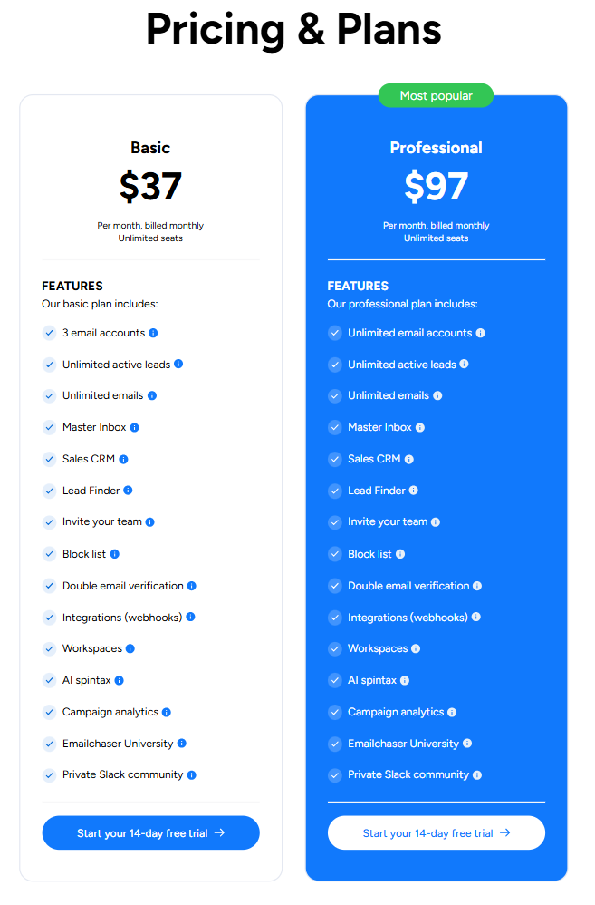 Image showing emailchaser pricing plans